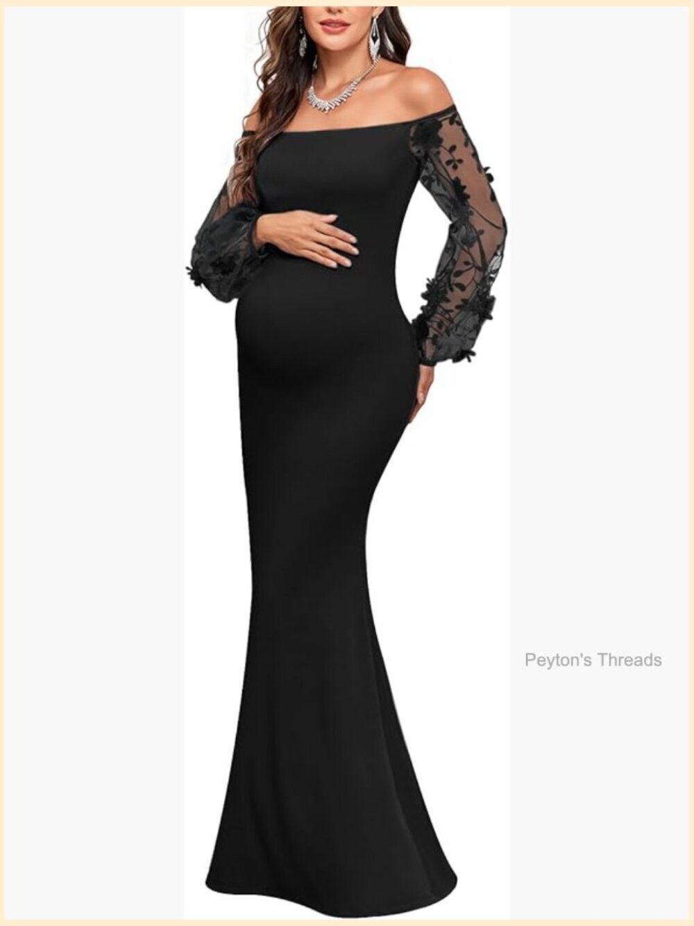 Off-Shoulder Maternity Evening Gown with 3D Floral Mesh Sleeves Mermaid Maxi